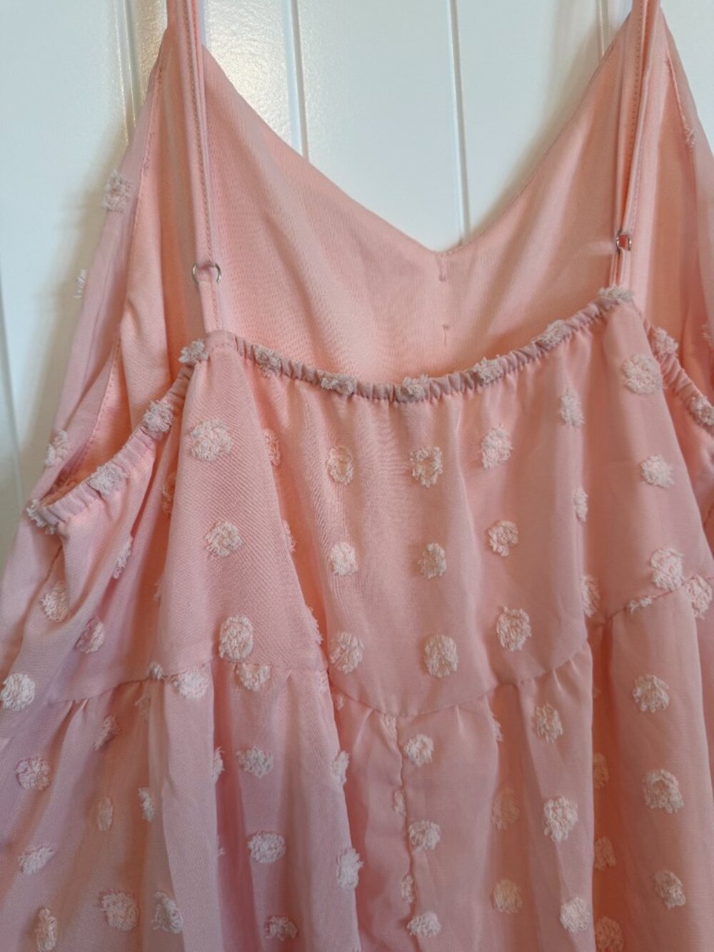 Blush pink spaghetti strap mini dress with textured Swiss dot detailing - Picture 5 of 7